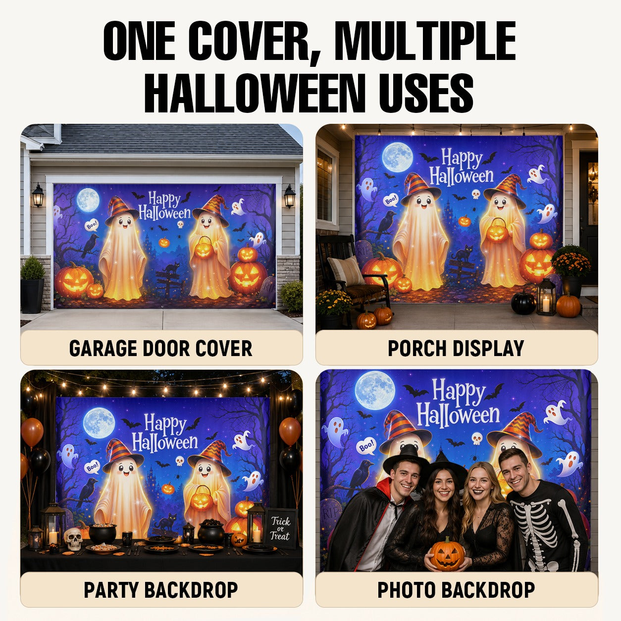 Cute Ghosts & Halloween Forest Campfire | Halloween Garage Door Banner Cover