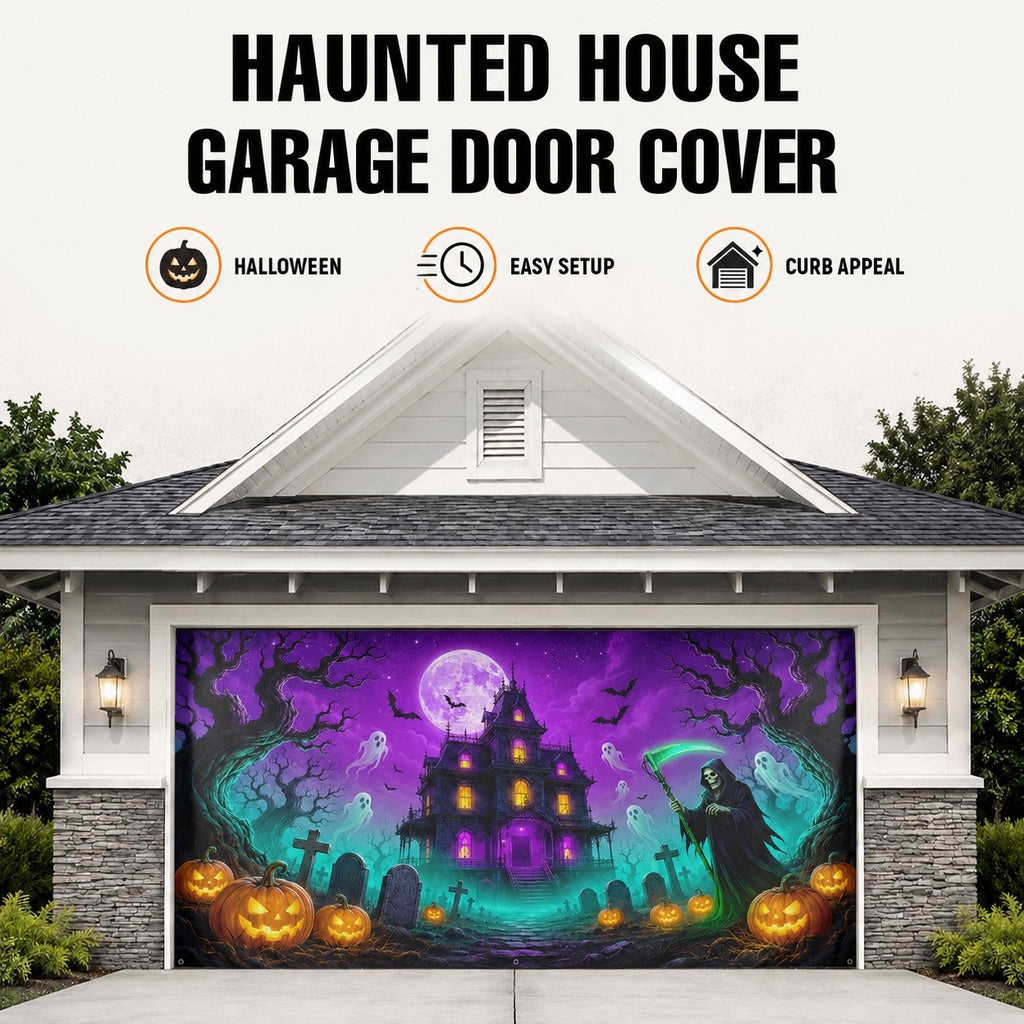 Blacklight Glow Ghost & Neon Purple | Halloween Garage Door Banner Cover
