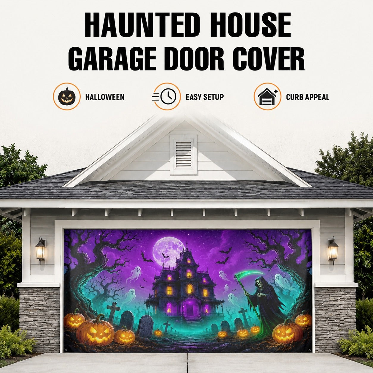 Blacklight Glow Ghost & Neon Purple | Halloween Garage Door Banner Cover