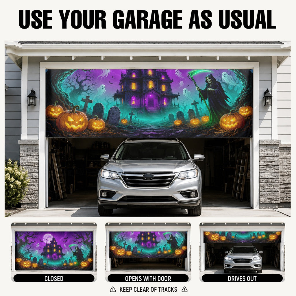 Blacklight Glow Ghost & Neon Purple | Halloween Garage Door Banner Cover