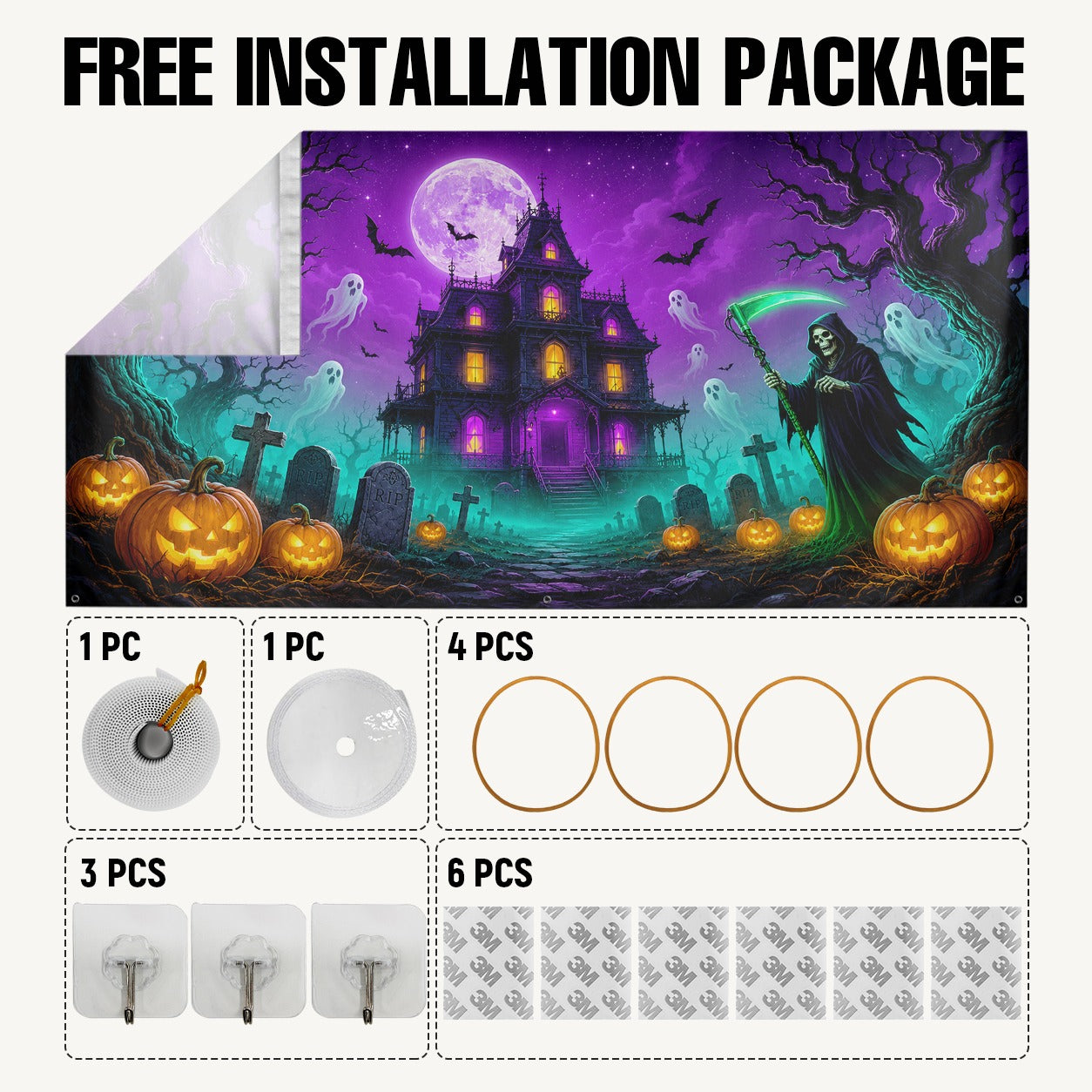 Blacklight Glow Ghost & Neon Purple | Halloween Garage Door Banner Cover