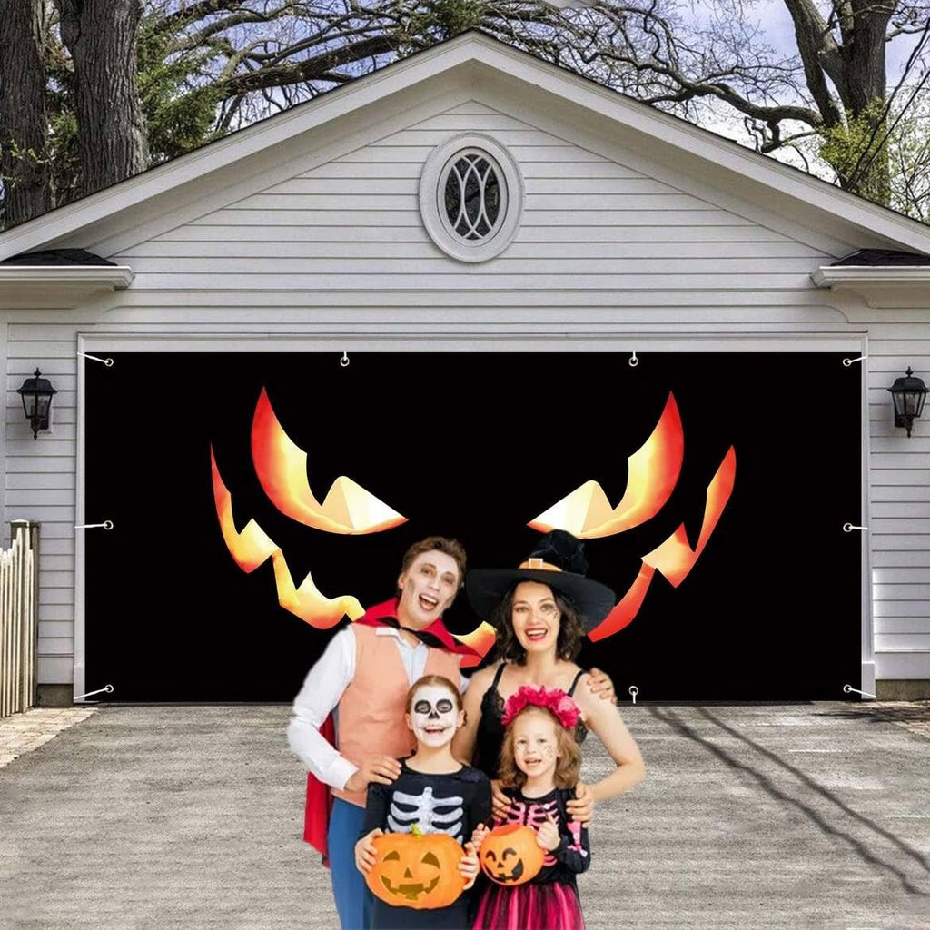 Scary Pumpkin Face & Jack-O'-Lantern | Halloween Garage Door Banner Cover