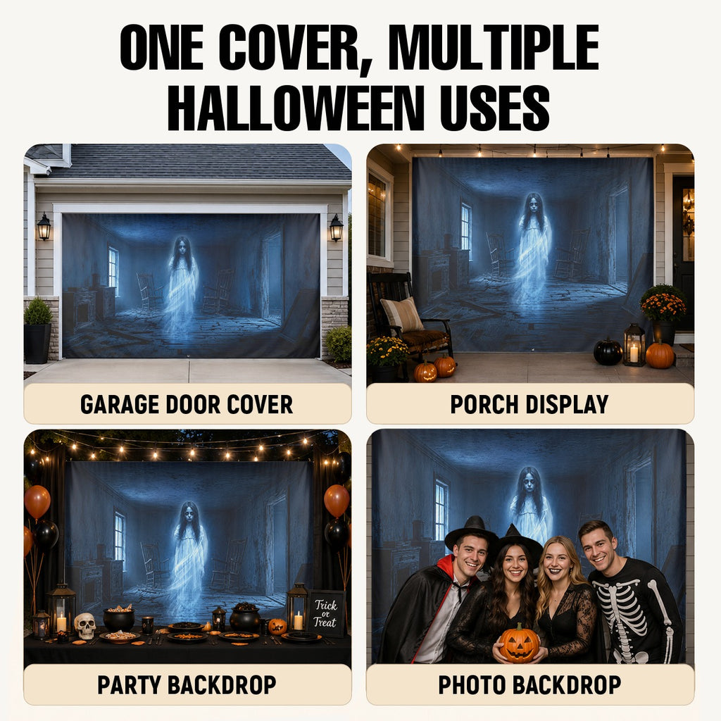 Ghost Girl & Haunted Room | Halloween Garage Door Banner Cover