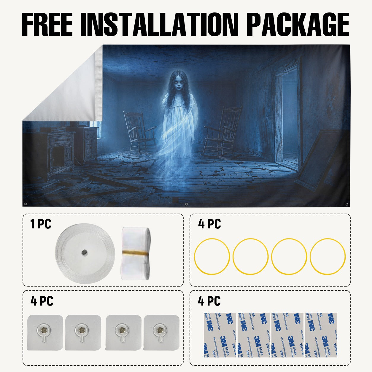 Ghost Girl & Haunted Room | Halloween Garage Door Banner Cover