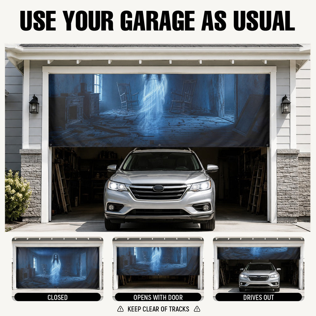 Ghost Girl & Haunted Room | Halloween Garage Door Banner Cover