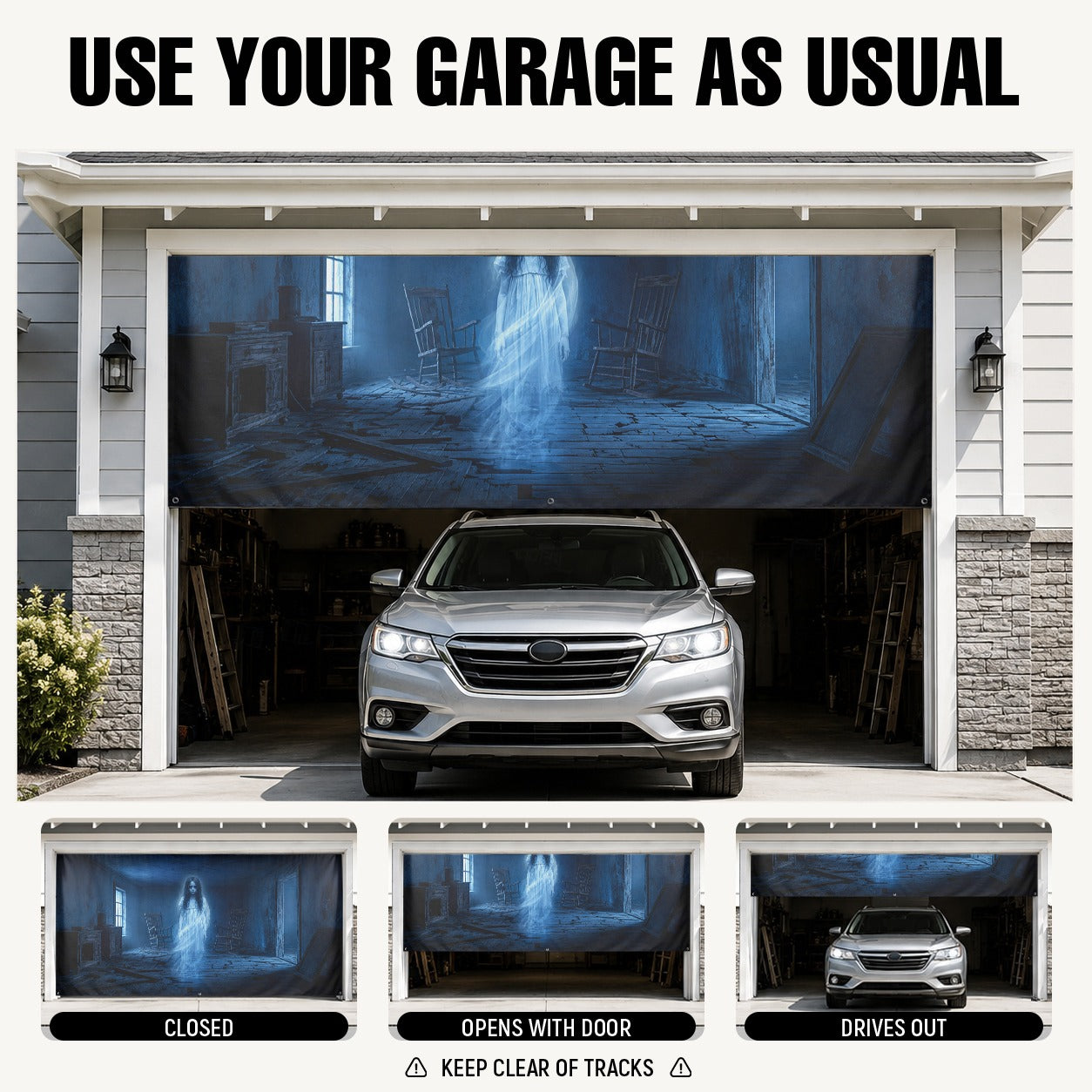 Ghost Girl & Haunted Room | Halloween Garage Door Banner Cover