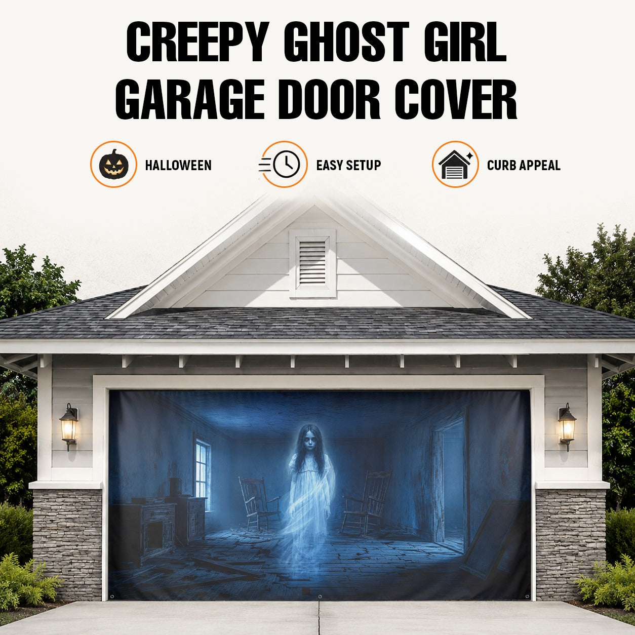 Ghost Girl & Haunted Room | Halloween Garage Door Banner Cover