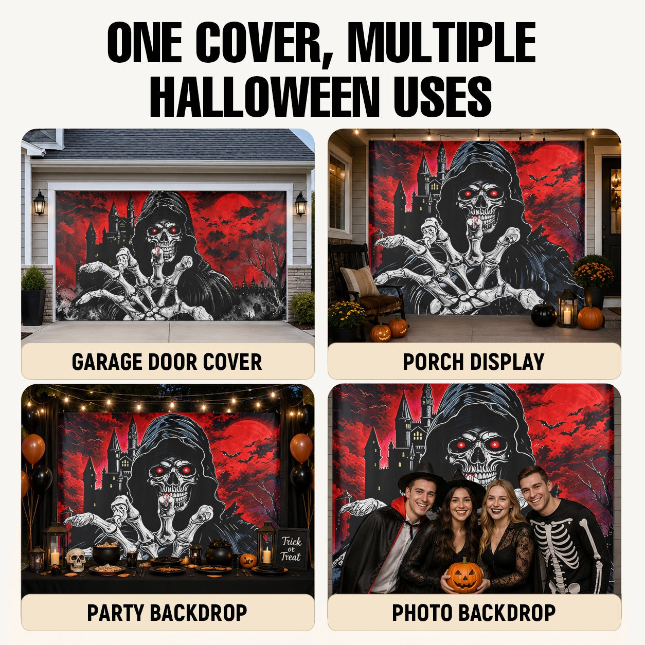 Grim Reaper Skull & Red Eyes | Halloween Garage Door Banner Cover