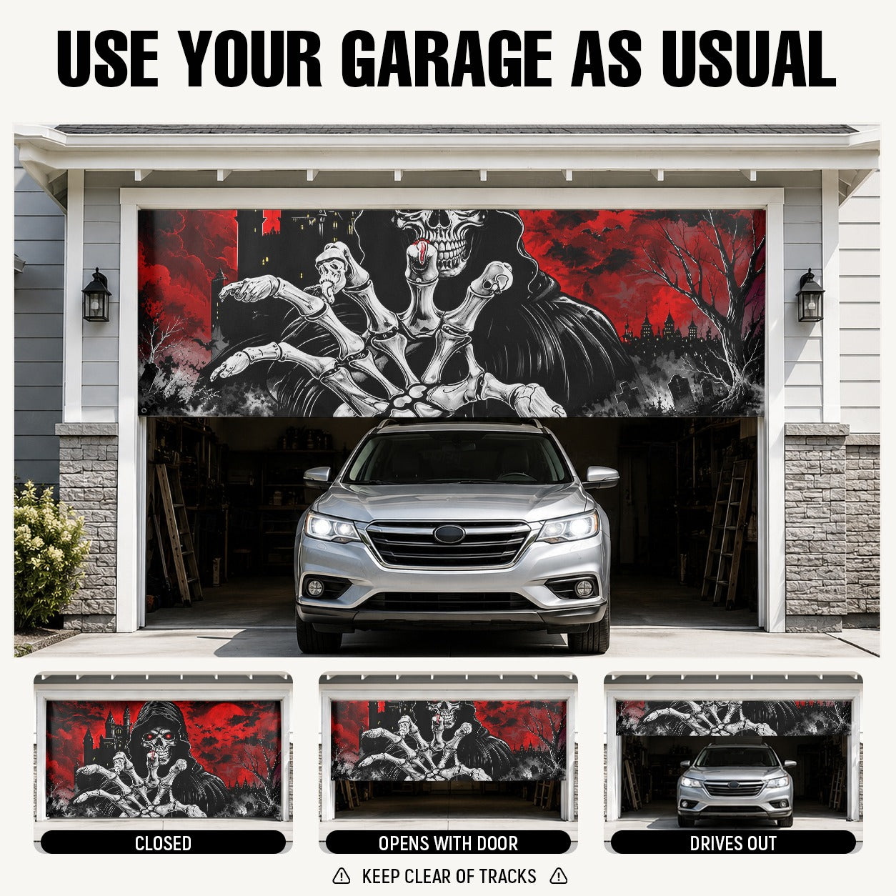Grim Reaper Skull & Red Eyes | Halloween Garage Door Banner Cover