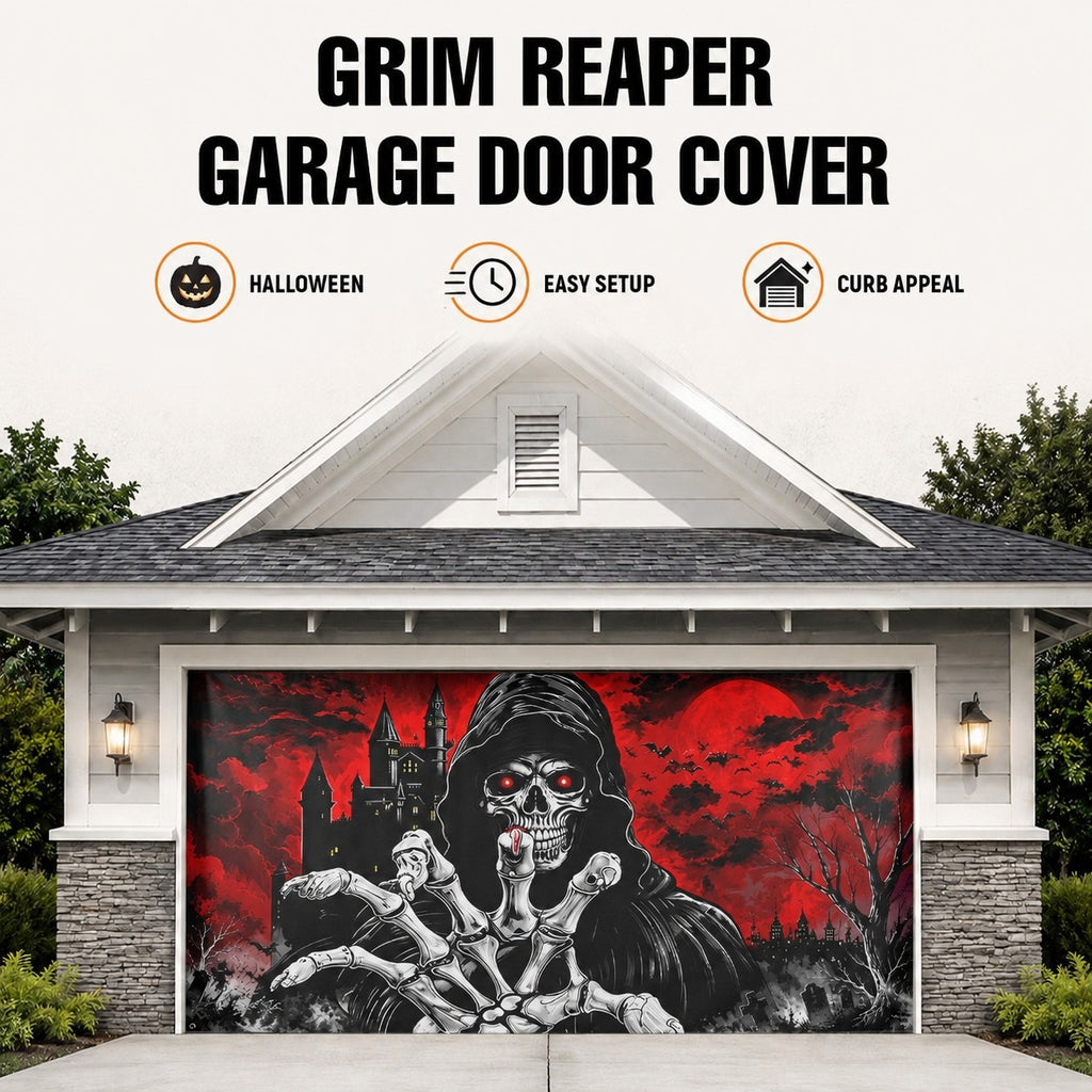 Grim Reaper Skull & Red Eyes | Halloween Garage Door Banner Cover
