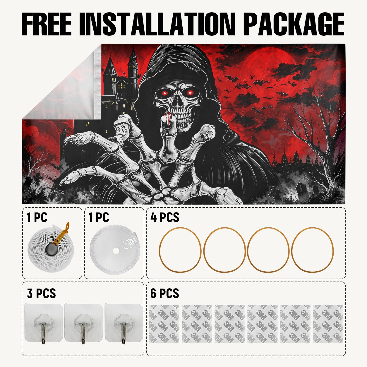 Grim Reaper Skull & Red Eyes | Halloween Garage Door Banner Cover
