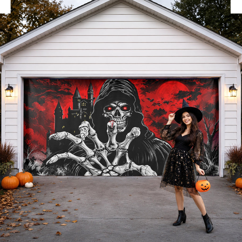 Grim Reaper Skull & Red Eyes | Halloween Garage Door Banner Cover