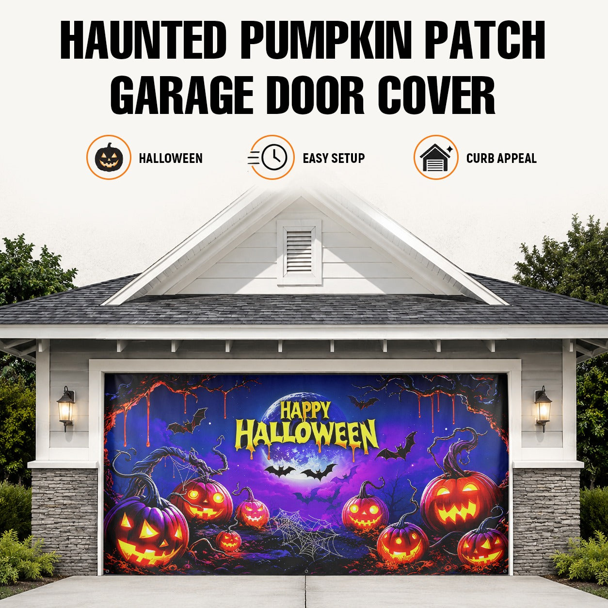 Fluorescent Happy Halloween Pumpkin | Halloween Garage Door Banner Cover