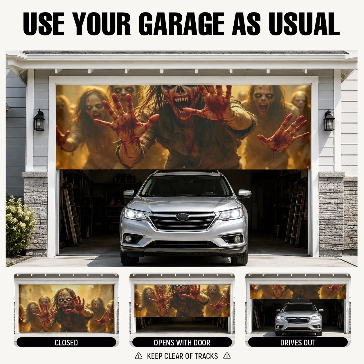 Creepy Girl & Red Balloon Horror Clown | Halloween Garage Door Banner Cover