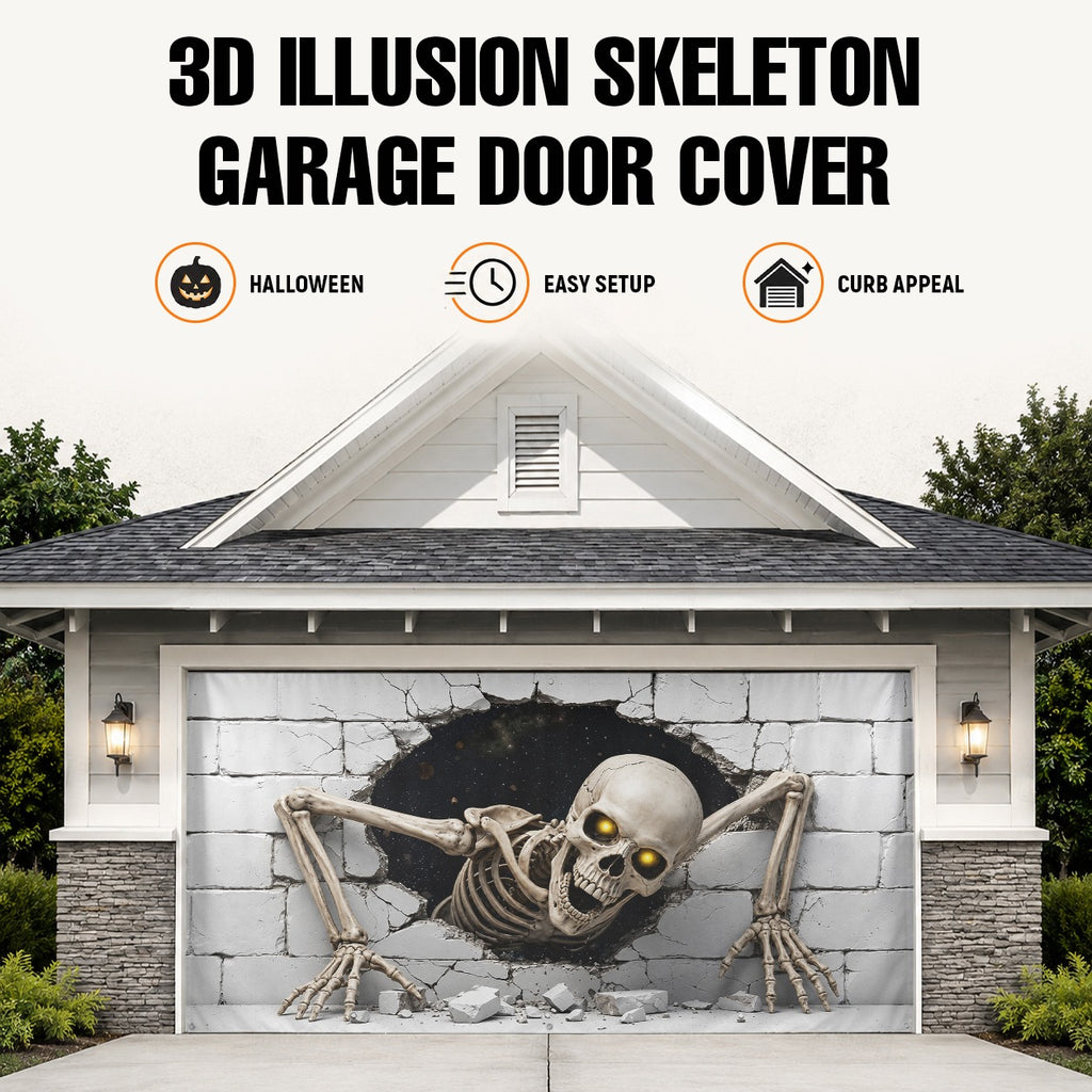 Skeleton Skull Breaking Wall 3D Illusion | Halloween Garage Door Banner Cover