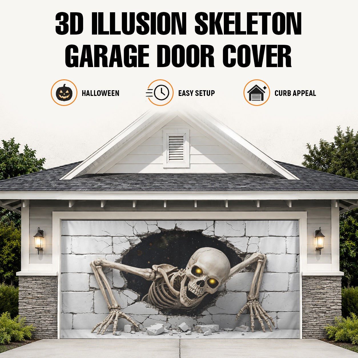 Skeleton Skull Breaking Wall 3D Illusion | Halloween Garage Door Banner Cover