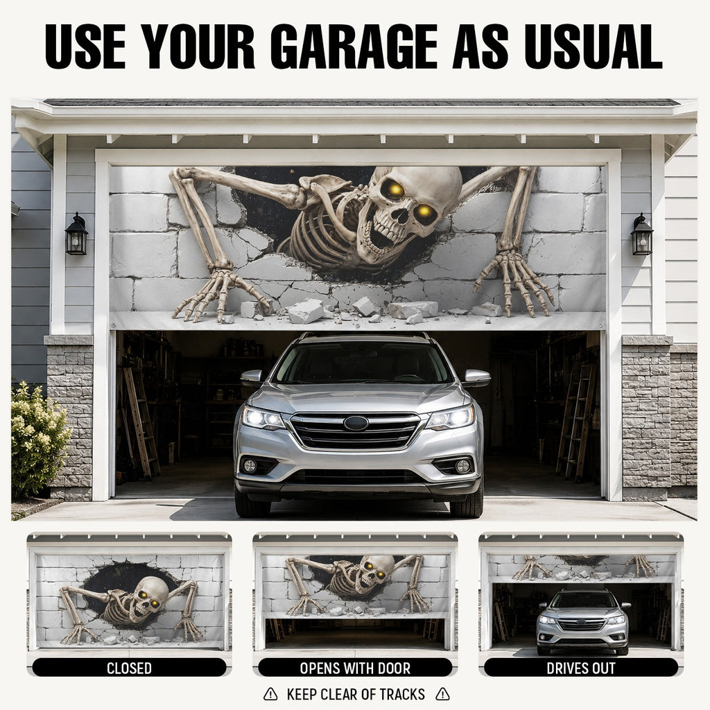 Skeleton Skull Breaking Wall 3D Illusion | Halloween Garage Door Banner Cover