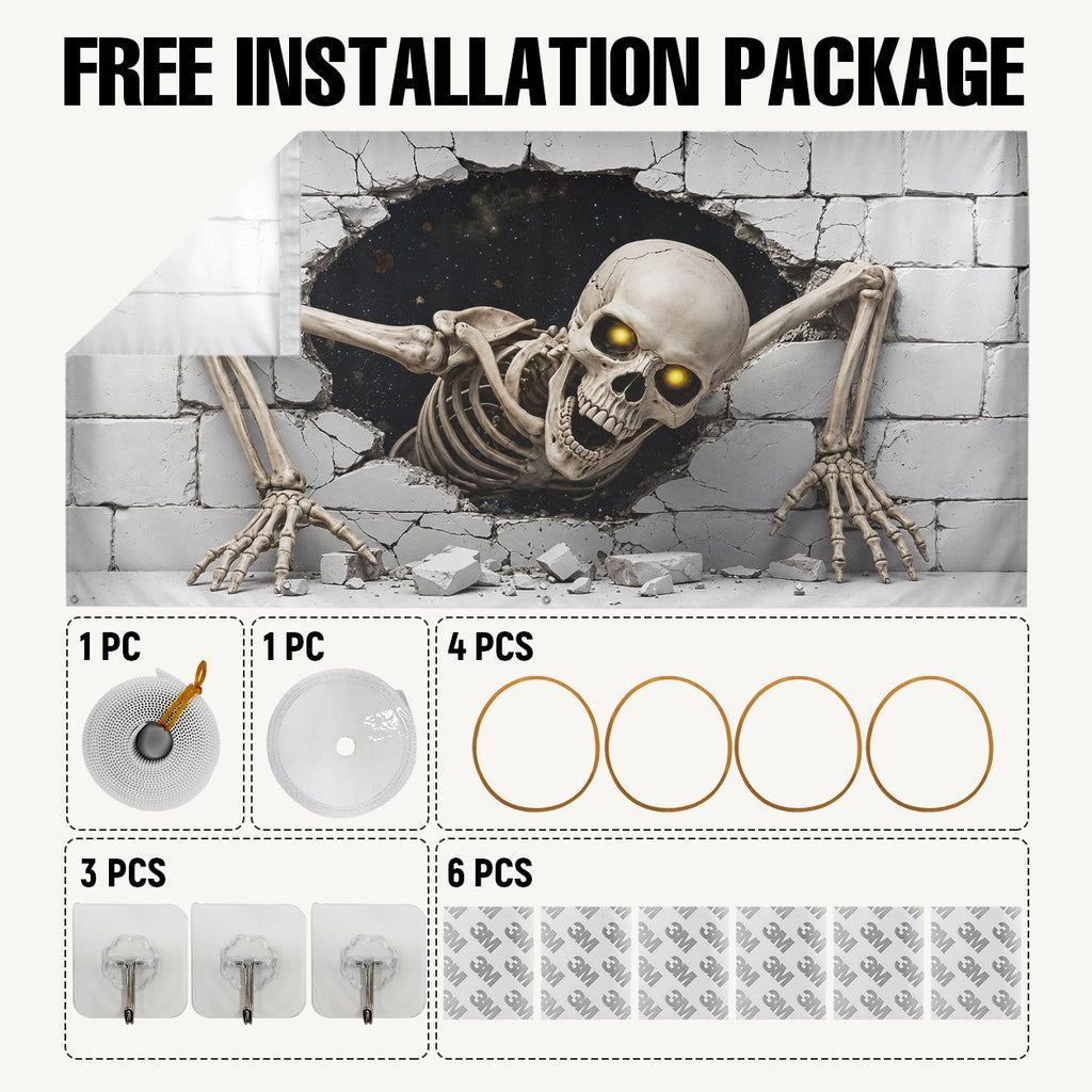 Skeleton Skull Breaking Wall 3D Illusion | Halloween Garage Door Banner Cover