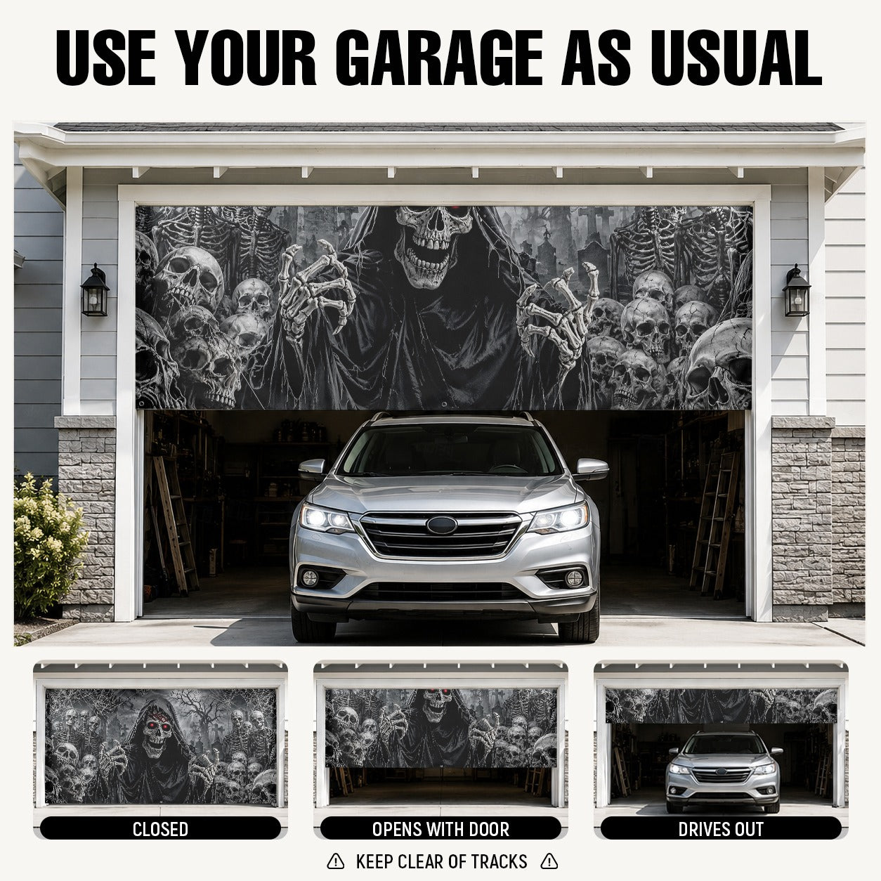 Flaming Skull & Burning Fire Skeleton | Halloween Garage Door Banner Cover