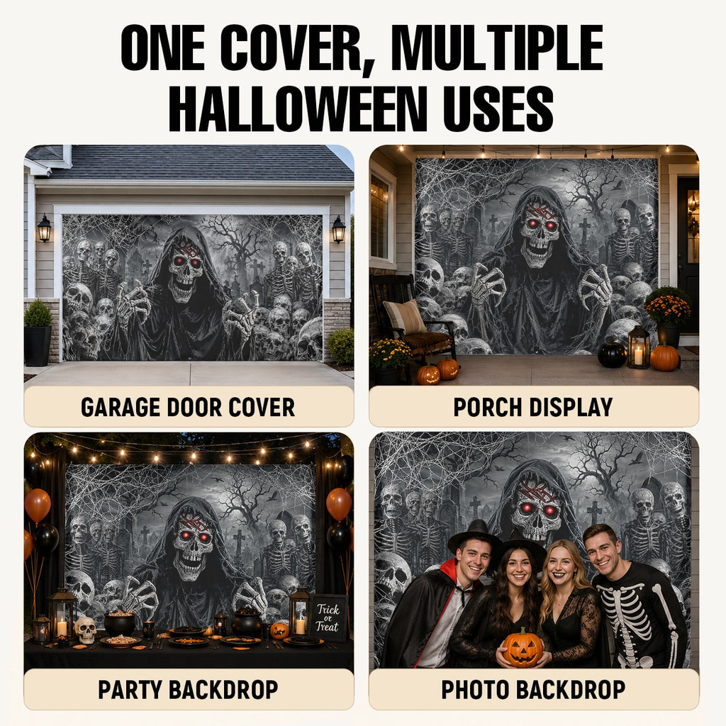 Flaming Skull & Burning Fire Skeleton | Halloween Garage Door Banner Cover