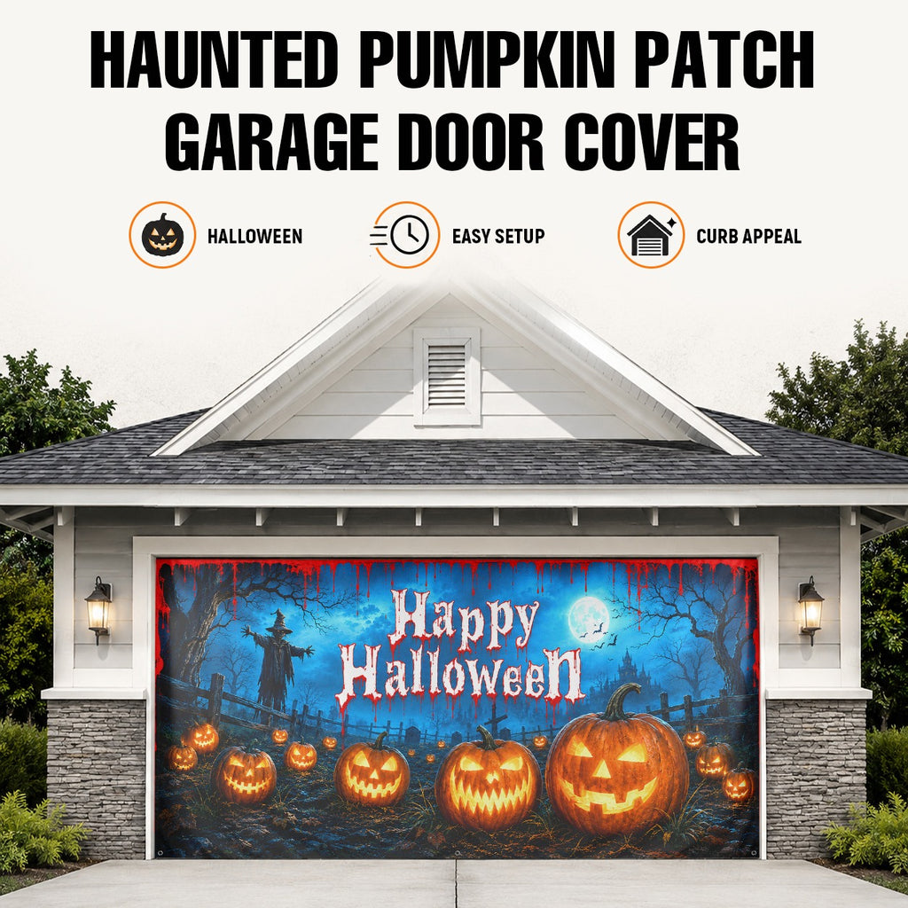 Pumpkin Patch & Scarecrow Jack-O'-Lantern | Halloween Garage Door Banner Cover