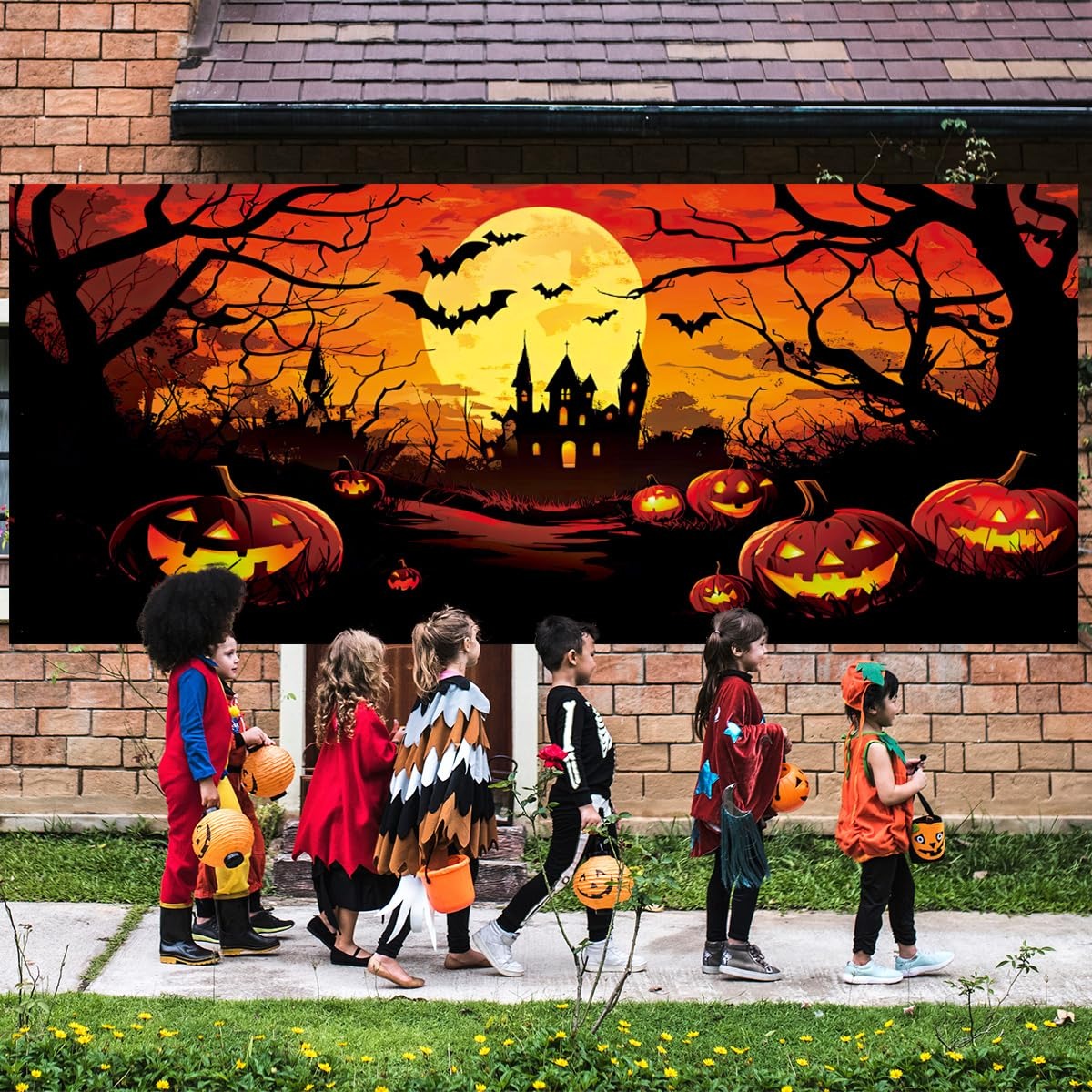 Pumpkin Witch & Haunted House | Halloween Garage Door Banner Cover