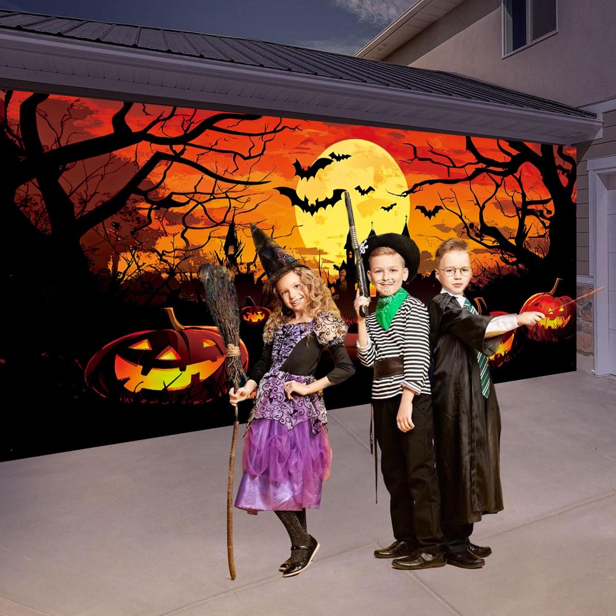 Pumpkin Witch & Haunted House | Halloween Garage Door Banner Cover