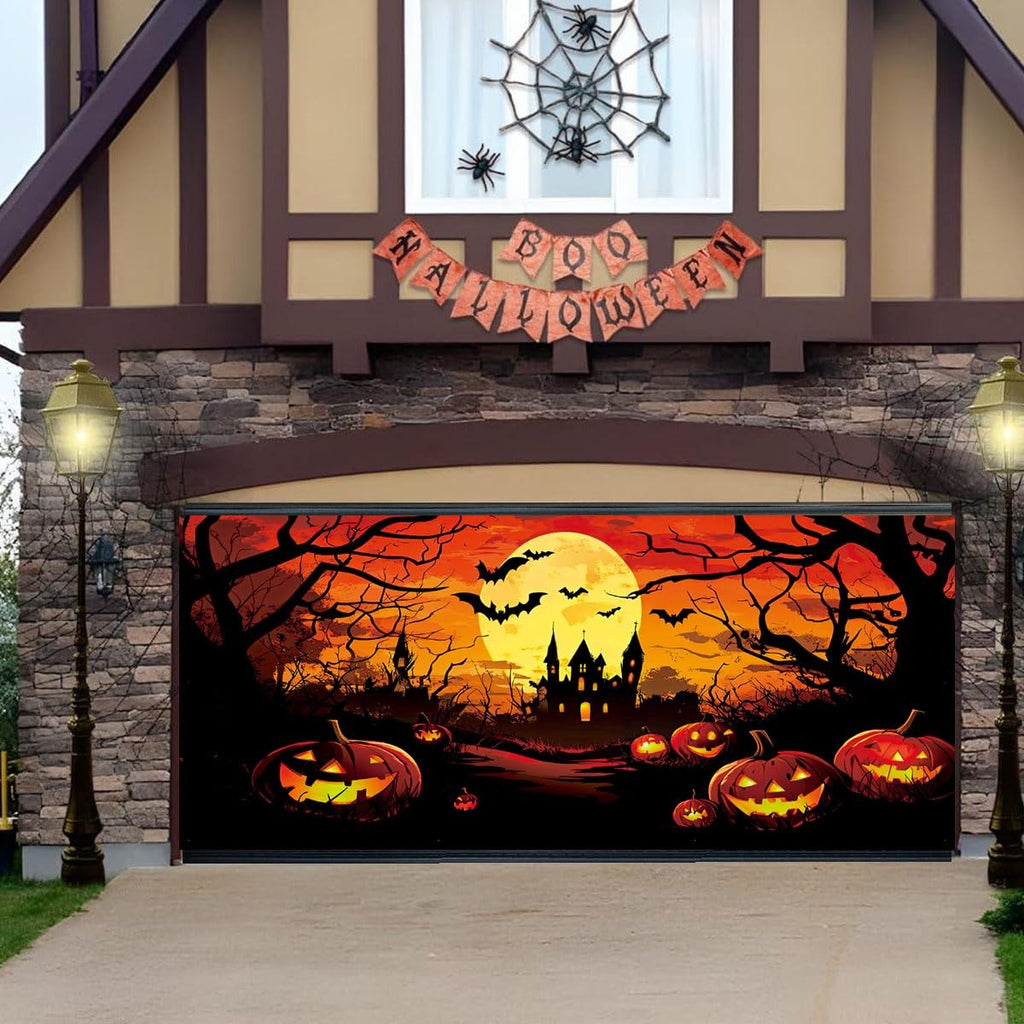 Pumpkin Witch & Haunted House | Halloween Garage Door Banner Cover