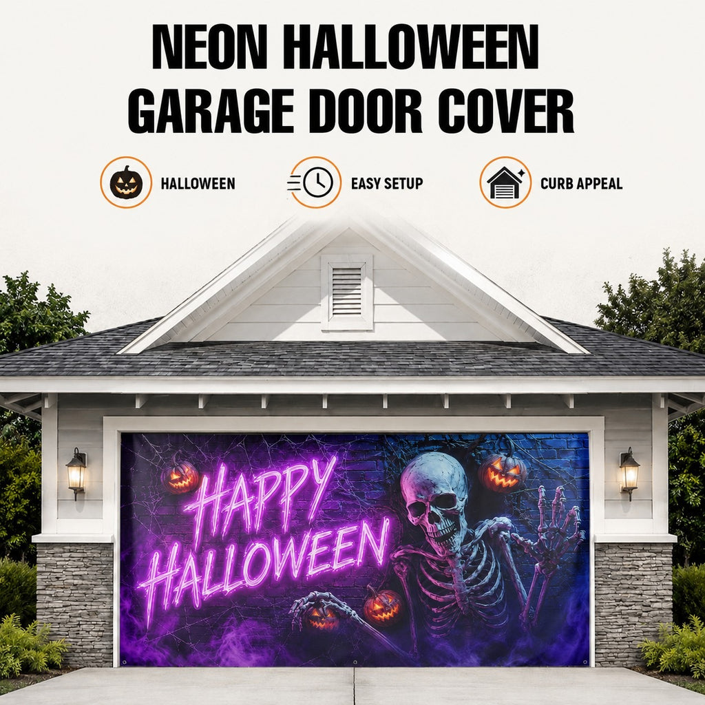 Skeleton Pumpkin & Blacklight Spooky Neon | Halloween Garage Door Banner Cover