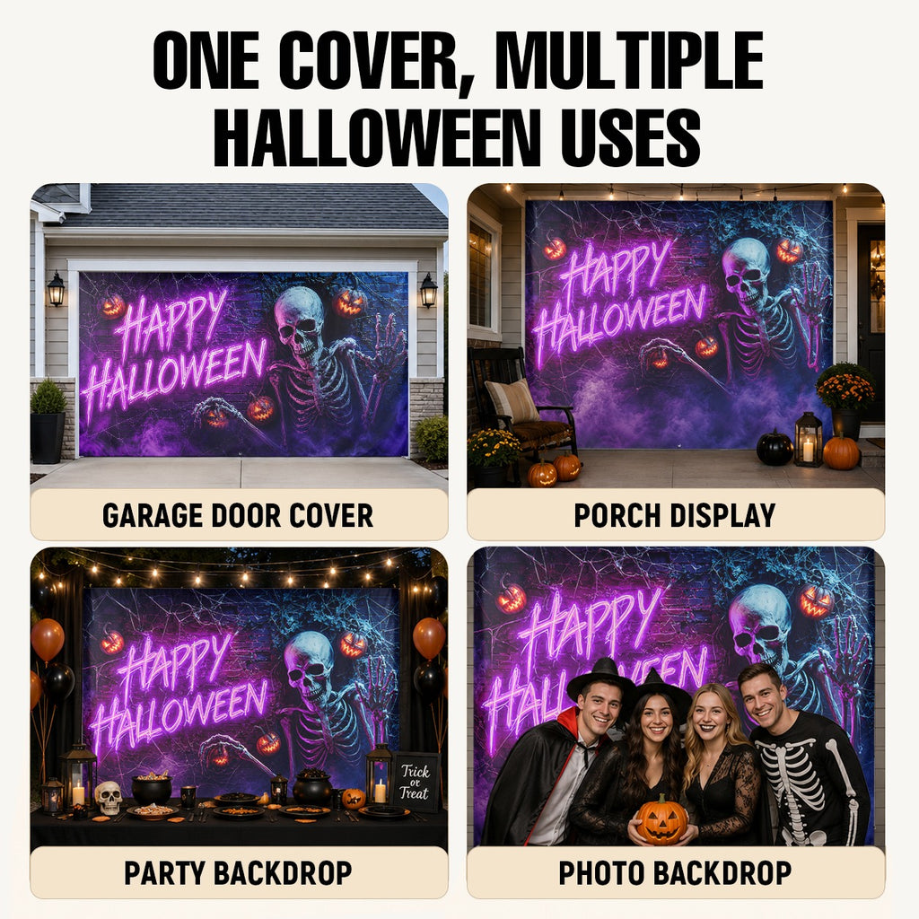 Skeleton Pumpkin & Blacklight Spooky Neon | Halloween Garage Door Banner Cover