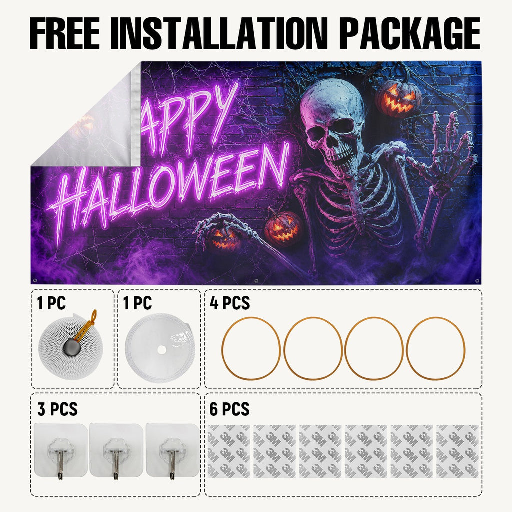 Skeleton Pumpkin & Blacklight Spooky Neon | Halloween Garage Door Banner Cover
