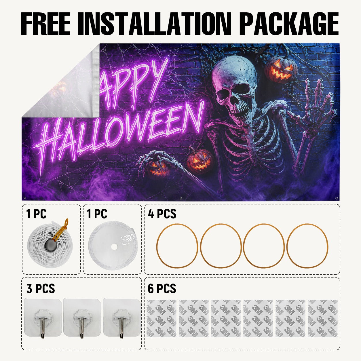 Skeleton Pumpkin & Blacklight Spooky Neon | Halloween Garage Door Banner Cover