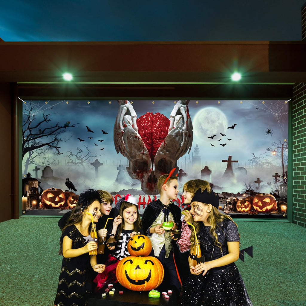 Bloody Skeleton & Brain Scary Skull | Halloween Garage Door Banner Cover