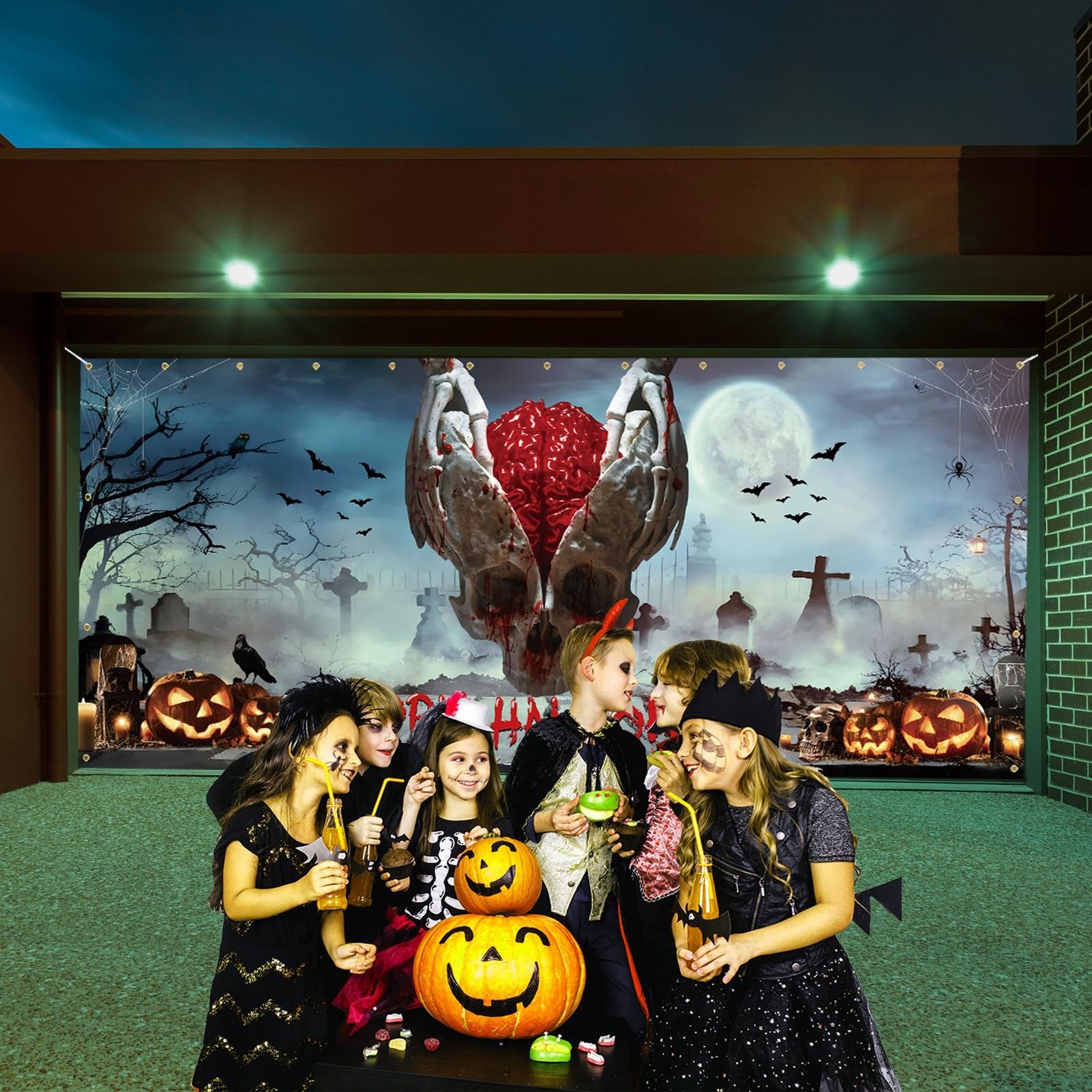 Bloody Skeleton & Brain Scary Skull | Halloween Garage Door Banner Cover