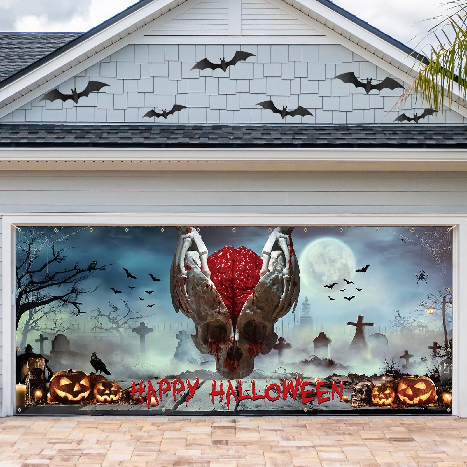 Bloody Skeleton & Brain Scary Skull | Halloween Garage Door Banner Cover