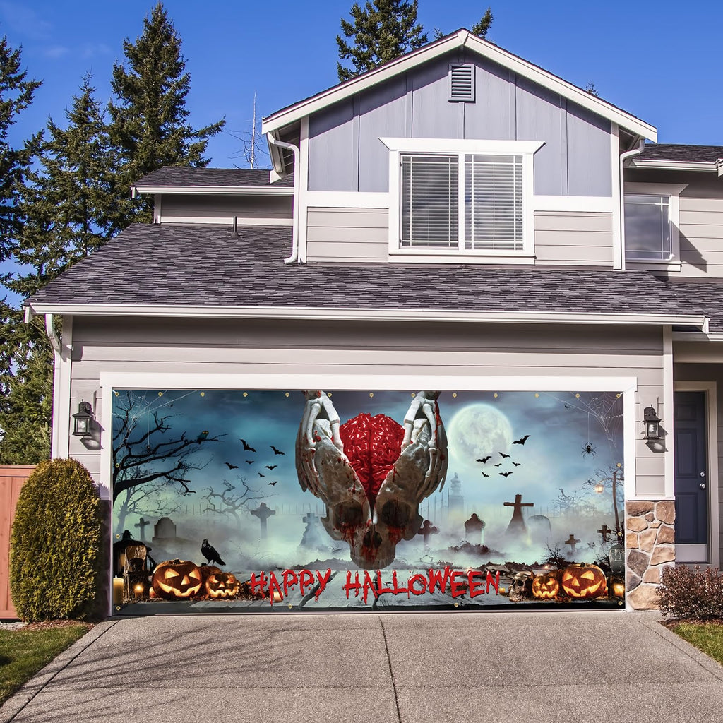 Bloody Skeleton & Brain Scary Skull | Halloween Garage Door Banner Cover