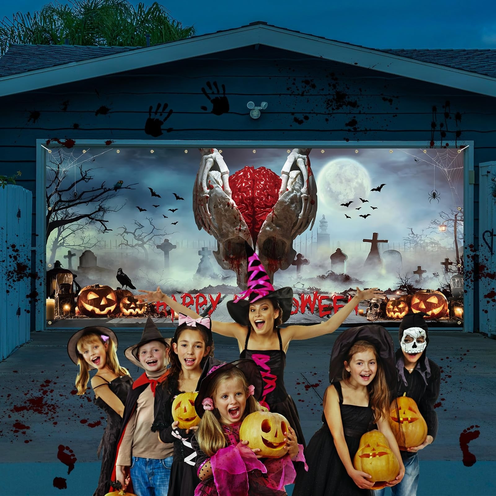 Bloody Skeleton & Brain Scary Skull | Halloween Garage Door Banner Cover