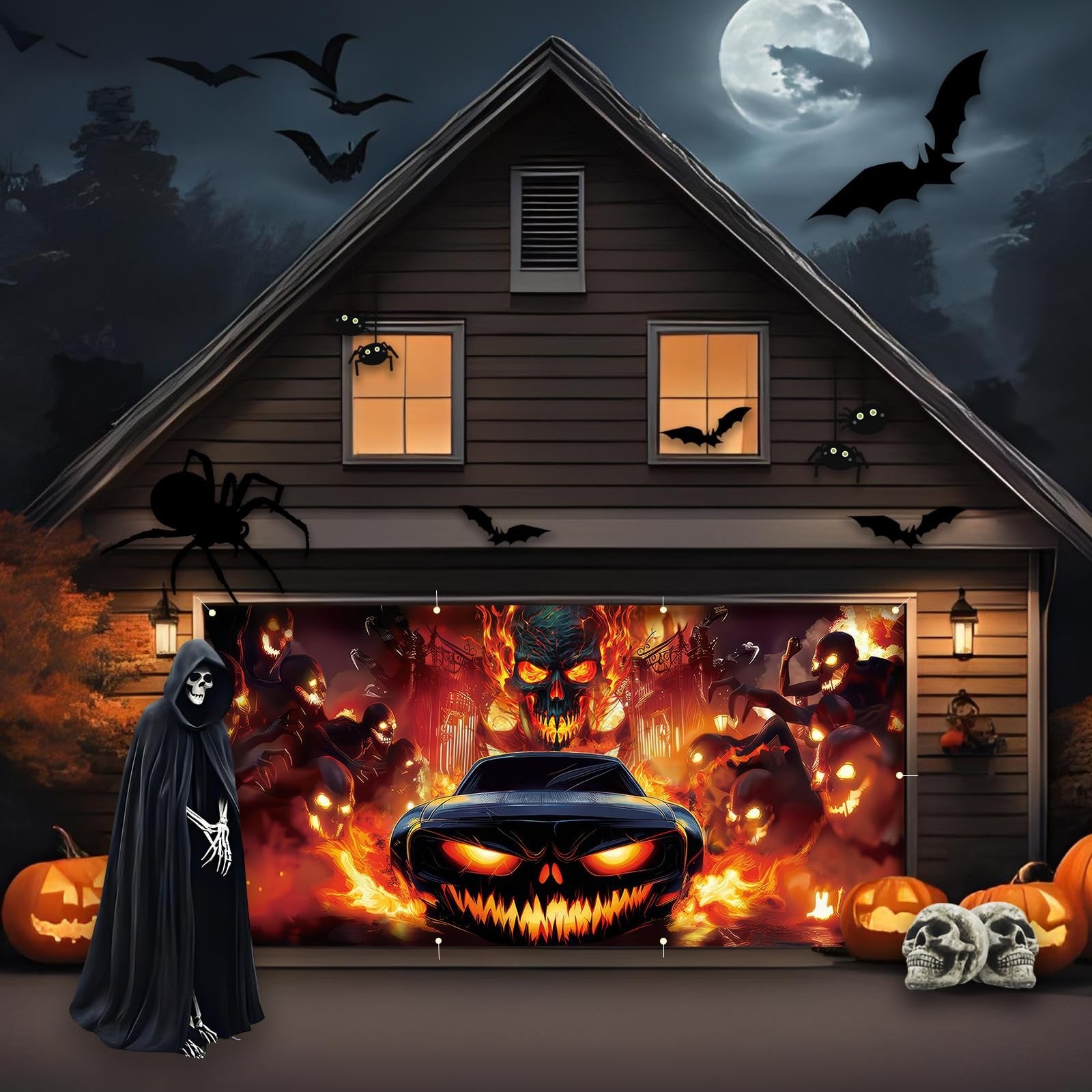 Pumpkin & Grim Reaper | Halloween Garage Door Banner Cover