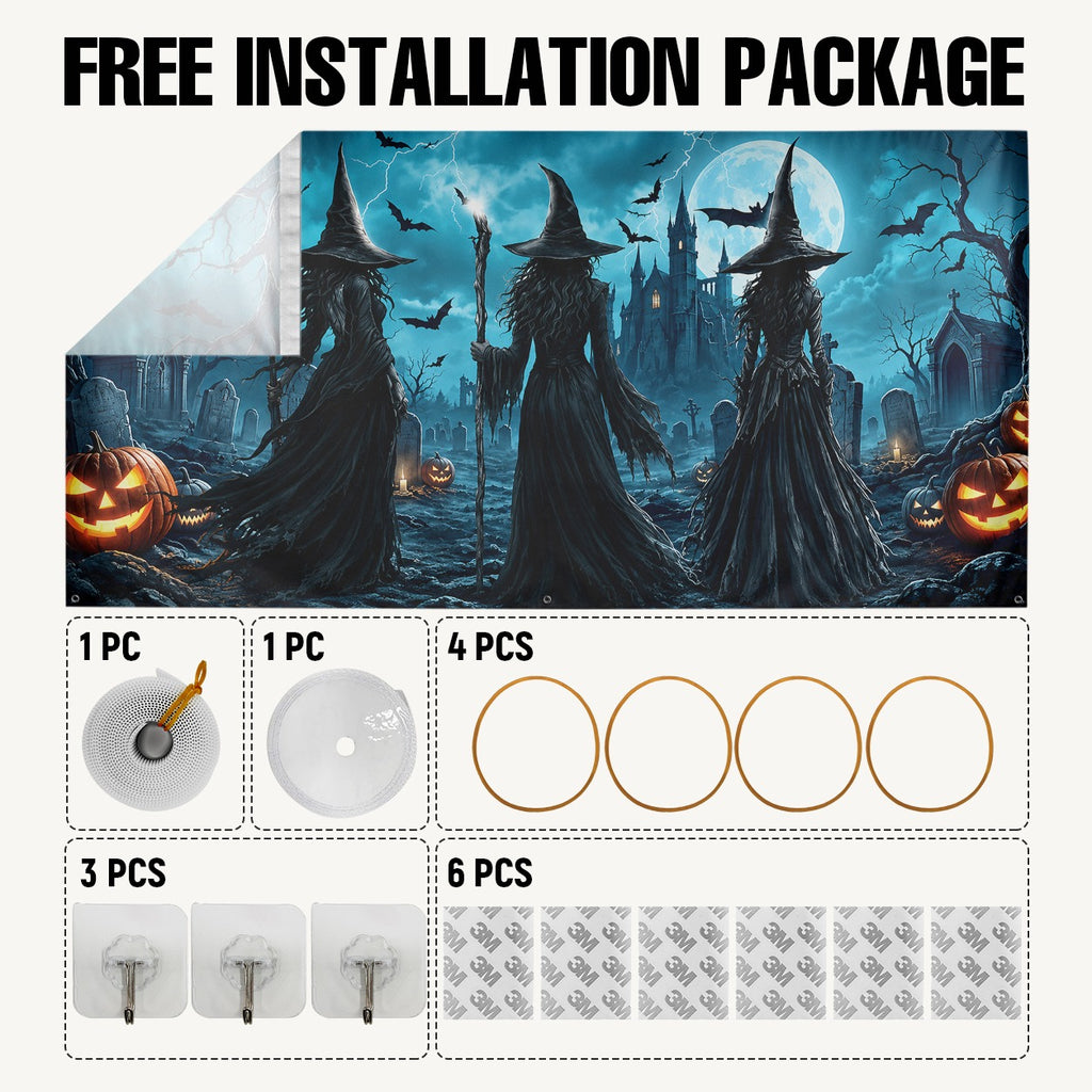 Witch Night Graveyard & Full Moon | Halloween Garage Door Banner Cover