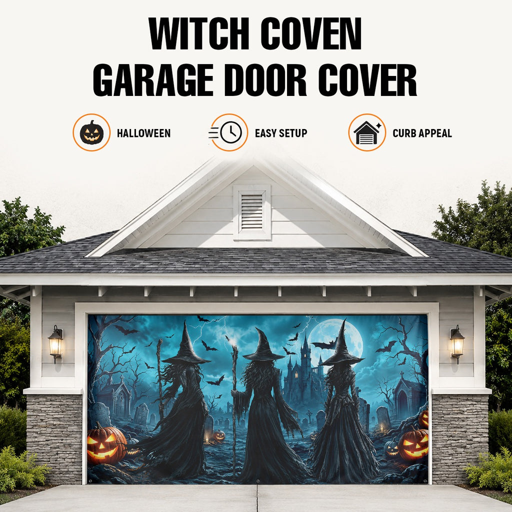 Witch Night Graveyard & Full Moon | Halloween Garage Door Banner Cover