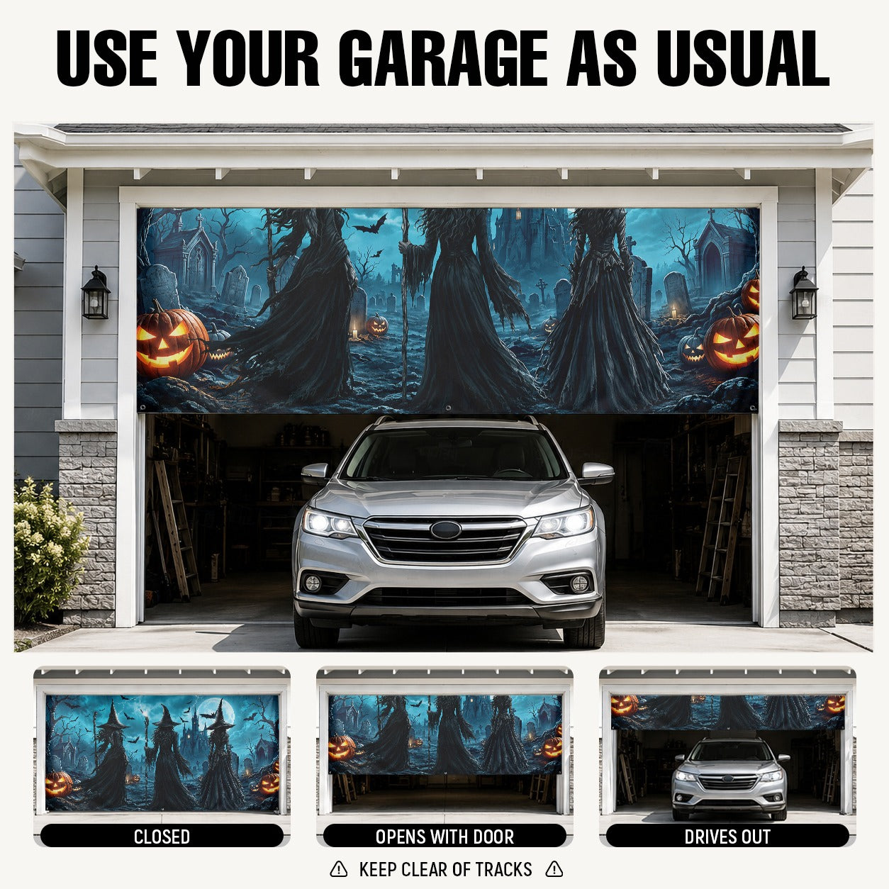 Witch Night Graveyard & Full Moon | Halloween Garage Door Banner Cover