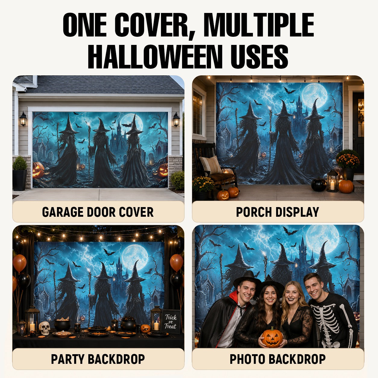 Witch Night Graveyard & Full Moon | Halloween Garage Door Banner Cover