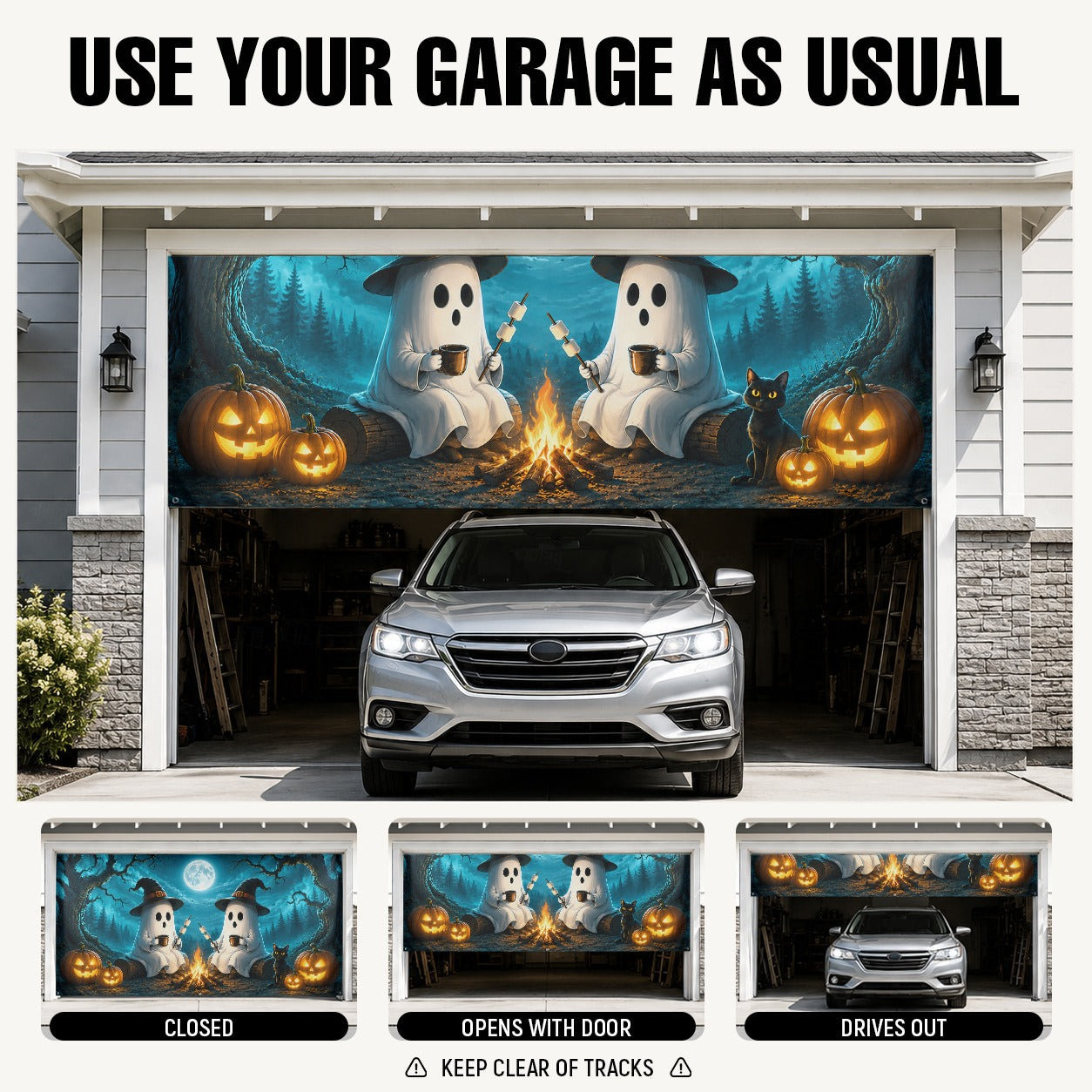 Cute Ghosts & Halloween Forest Campfire | Halloween Garage Door Banner Cover
