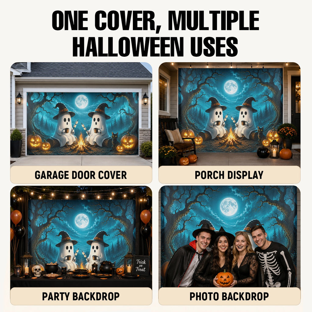 Cute Ghosts & Halloween Forest Campfire | Halloween Garage Door Banner Cover