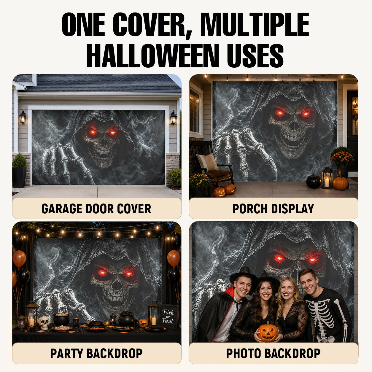 Grim Reaper Skull with Red Eyes | Halloween Garage Door Banner Cover