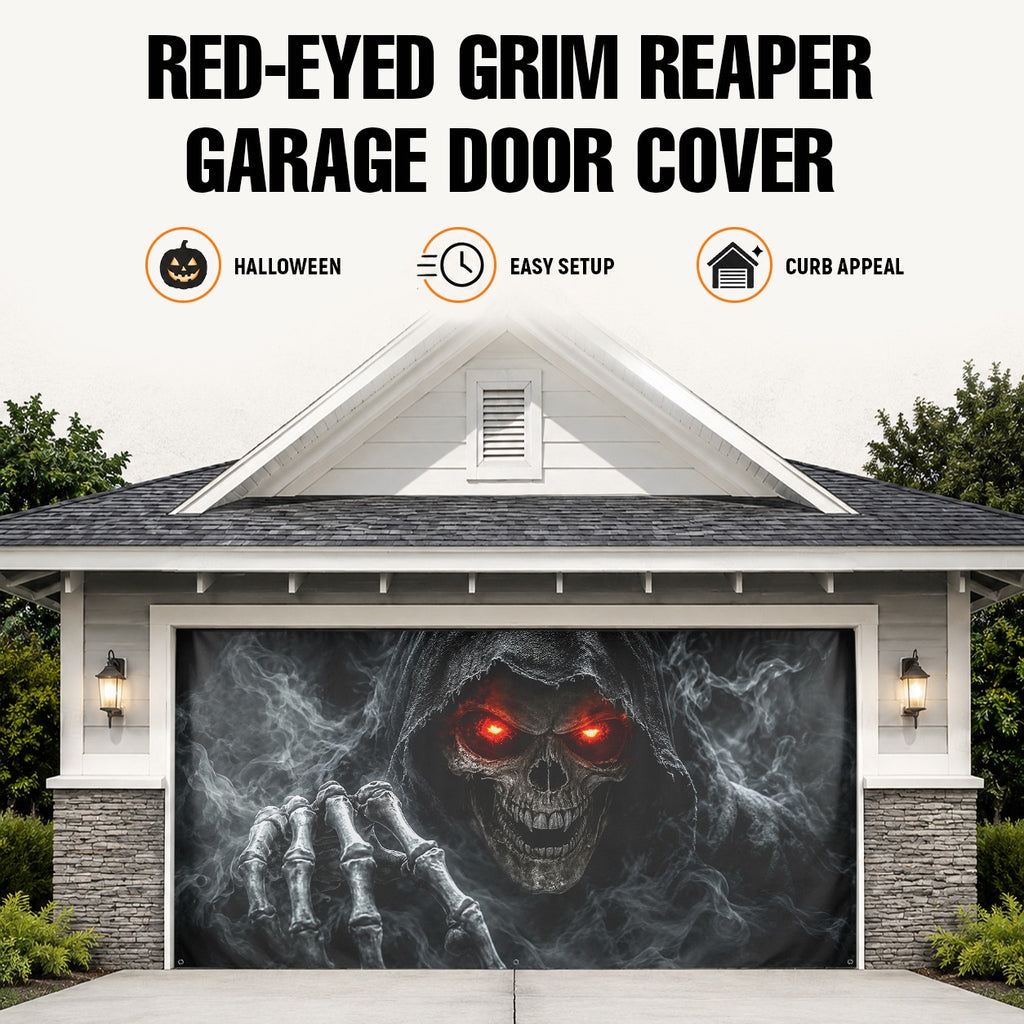 Grim Reaper Skull with Red Eyes | Halloween Garage Door Banner Cover