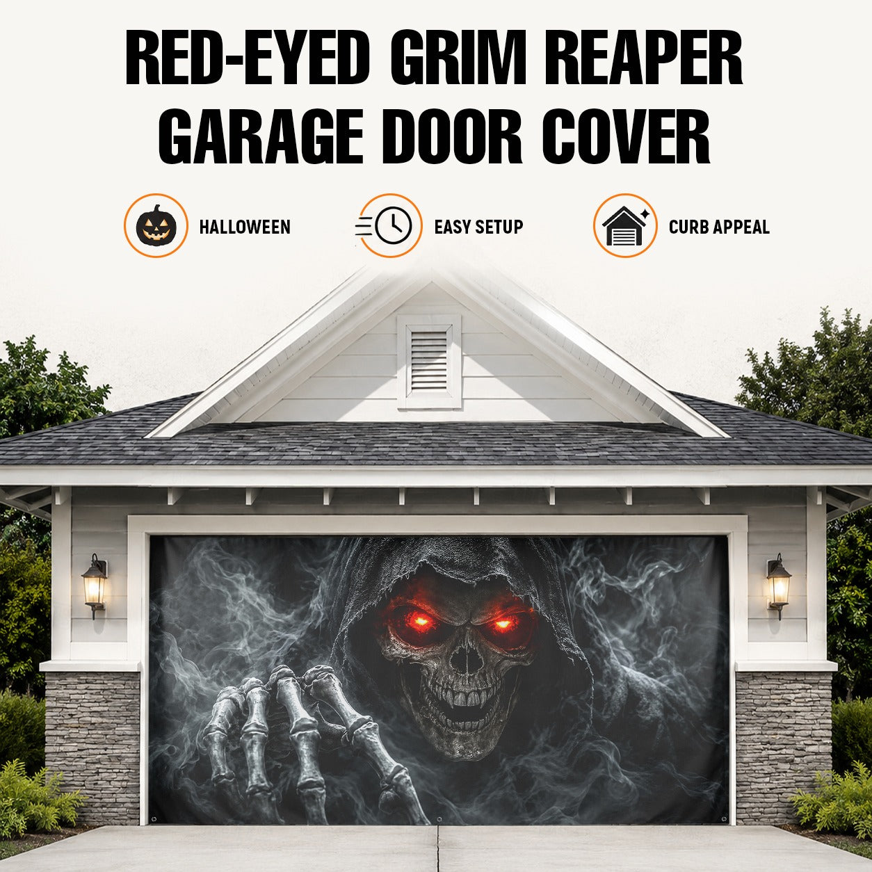 Grim Reaper Skull with Red Eyes | Halloween Garage Door Banner Cover