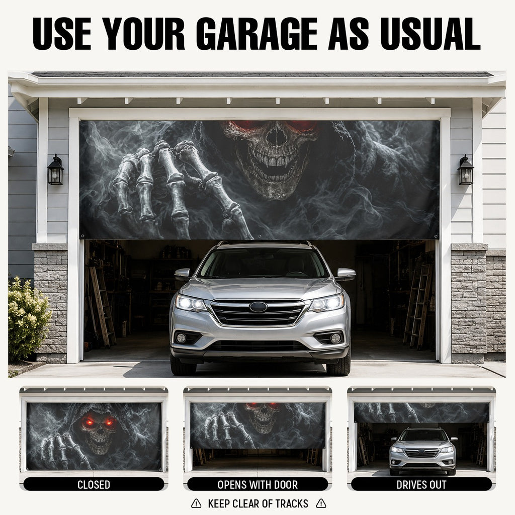 Grim Reaper Skull with Red Eyes | Halloween Garage Door Banner Cover