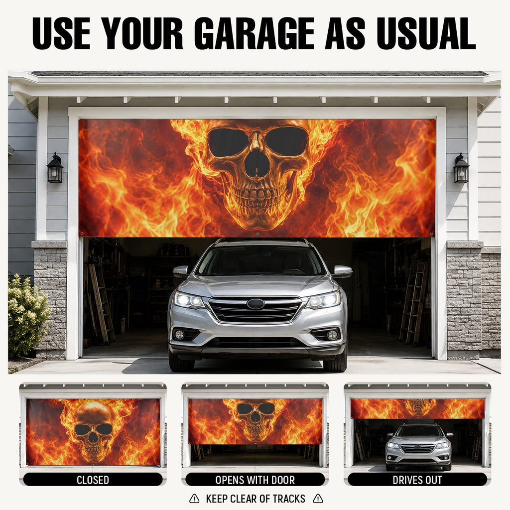 Flaming Skull & Fire | Halloween Garage Door Banner Cover