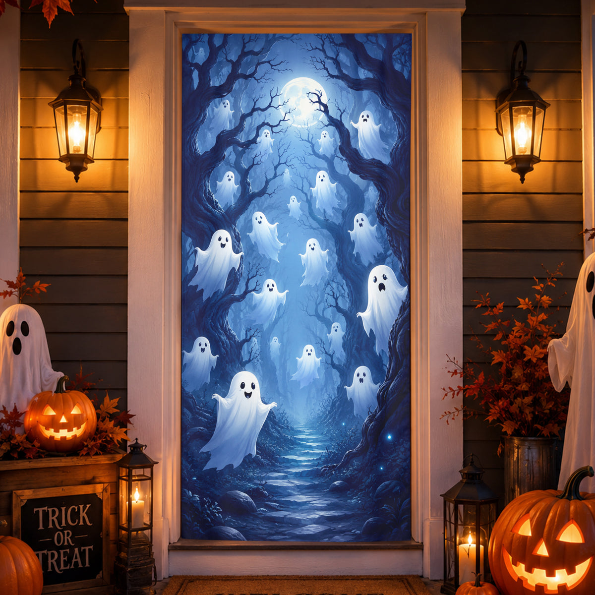 Spooky Halloween Door Cover Cute Ghost Haunted Forest